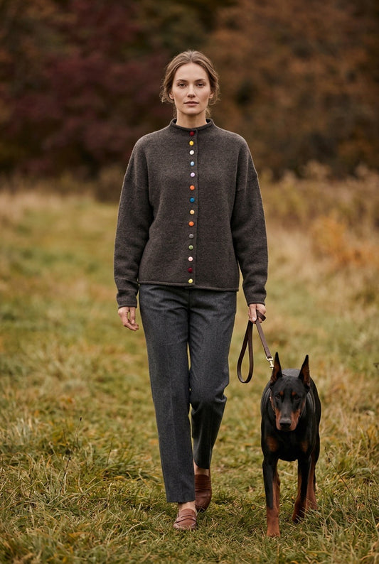 Multi-coloured velvet buttoned Plain cardigan Brown