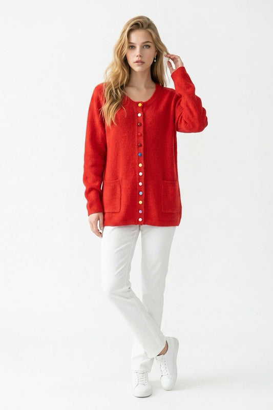 Pocketed Multi colour Button Cardigan Red