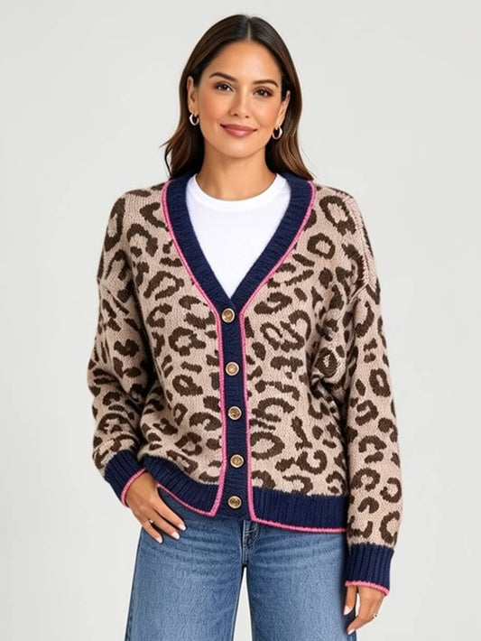Navy Trim Leopard Print Cardigan