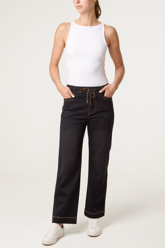 Straight Leg Elastic Waisted Jeans Black