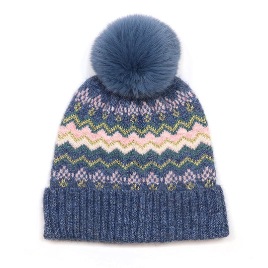 Sofia denim and pink zigzag stripes bobble hat