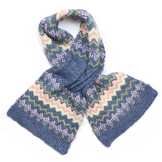 Sofia denim, pink and gold zig-zag pull through scarf by Pom