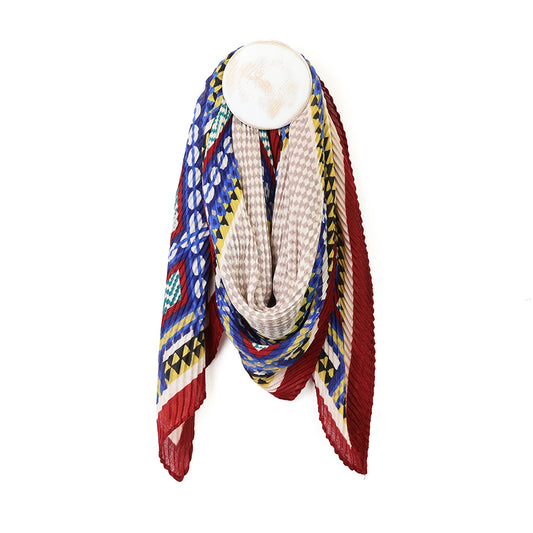 Geo square wine/ecru/blue mix crinkle scarf by Pom