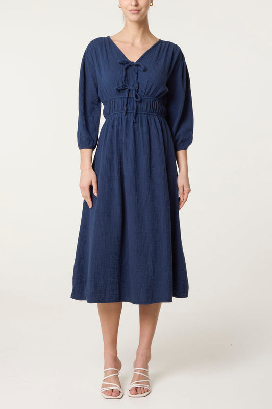 Cheesecloth Tied Front Midi Dress Navy