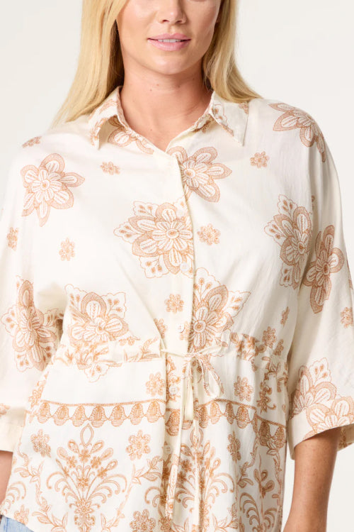 Floral Border Print Cinch Tie Shirt