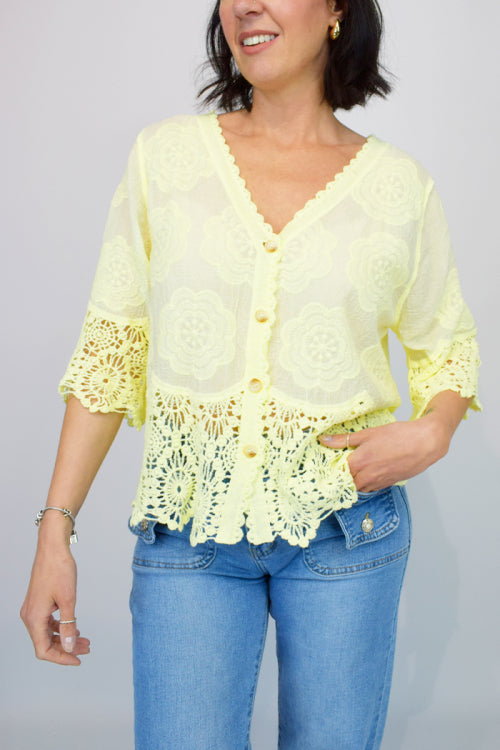 Embroidered Crochet Hem Button Shrug