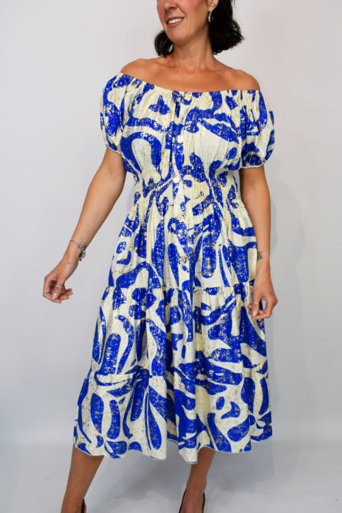 Gold Foil Blue Wave Stripe Button Midi Dress