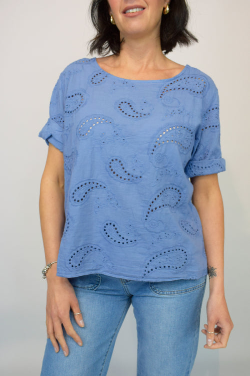 Paisley Embroidered Button Back Cotton Top