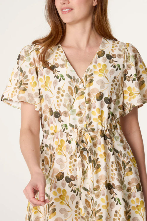 Water Colour Leaf Button Midi Dress