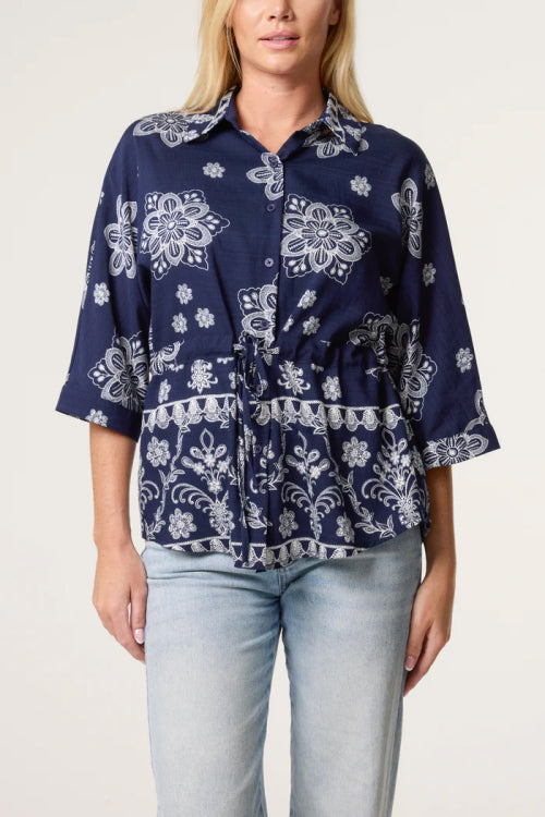 Floral Border Print Cinch Tie Waist Shirt