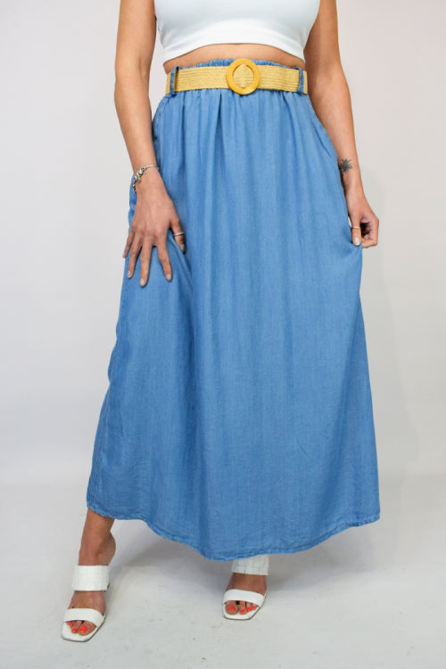 Belted Denim Chambray Skirt