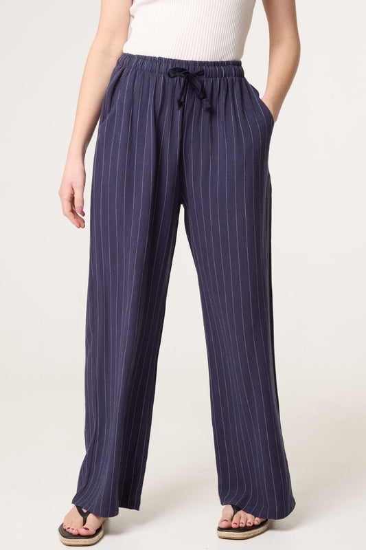 Pin Striped Linen Mix Elasticated Trousers