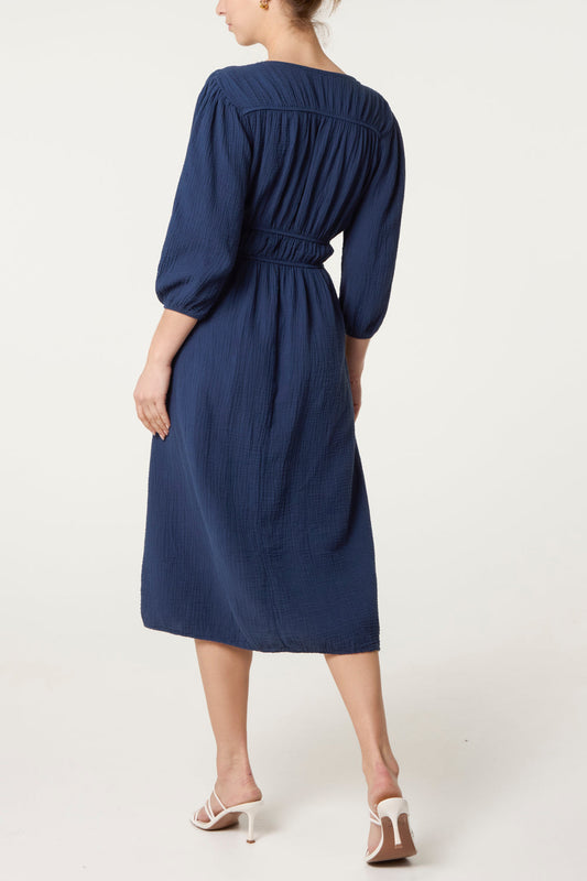 Cheesecloth Tied Front Midi Dress Navy