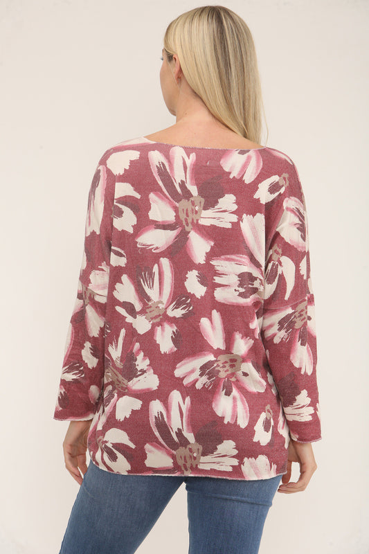 FLORAL DAISY PRINT JUMPER TOP - BURGUNDY