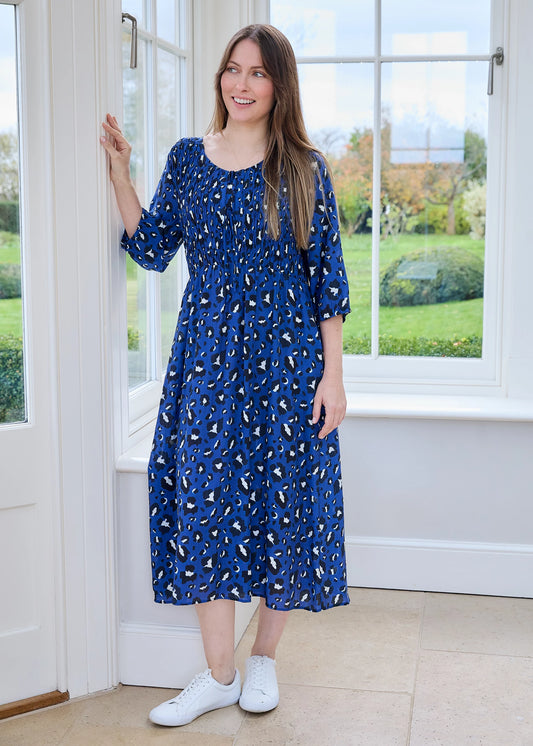 Leopard Smudge Shirred Tie Front Midi Dress Blue