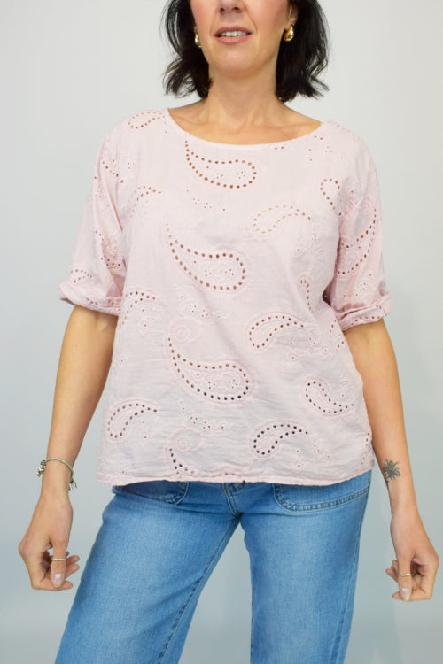 Paisley Embroidered Button Back Cotton Top