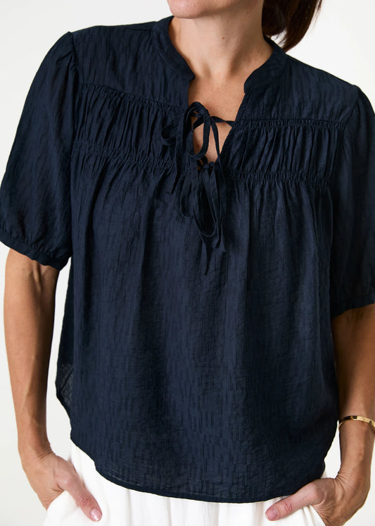 Textured Stripe Shirred Neck Button Through Blouse