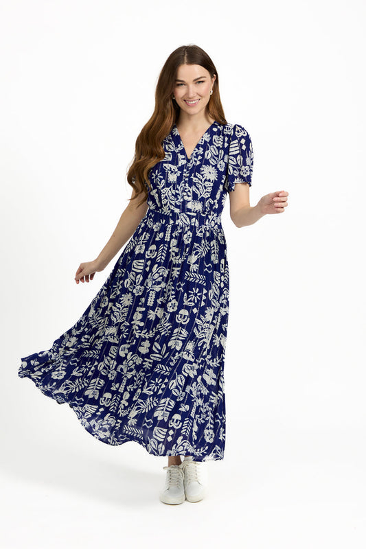 Mudflower
Leaf Print Button-Up V-Neck Lurex Dress. Navy