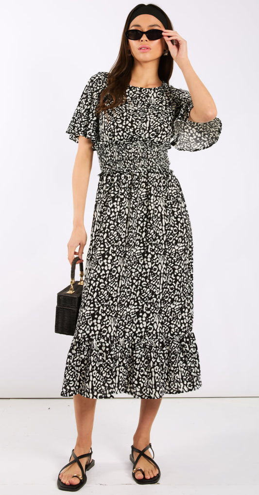 Black Animal Smock Waisted Midi Dress