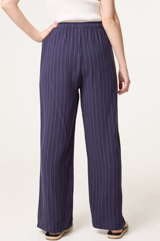 Pin Striped Linen Mix Elasticated Trousers