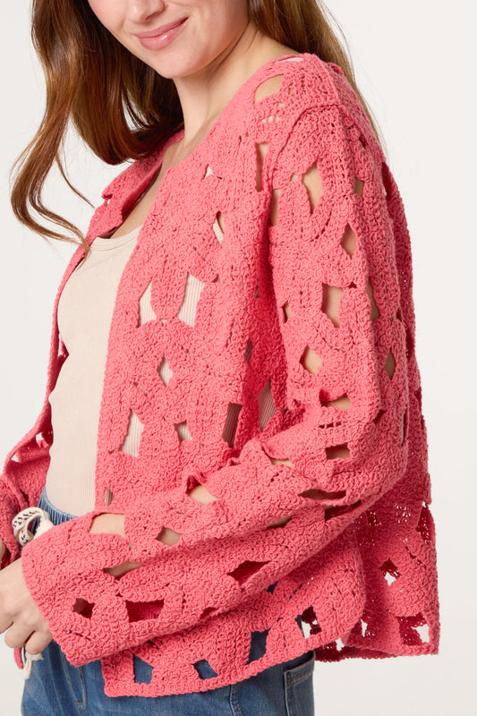 Cut Out Crochet Cardigan Coral