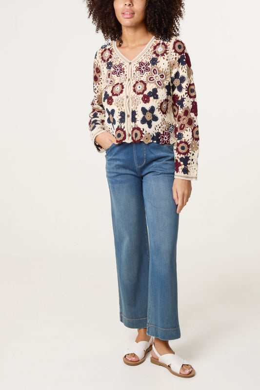 Beaded Floral Crochet V Cardigan