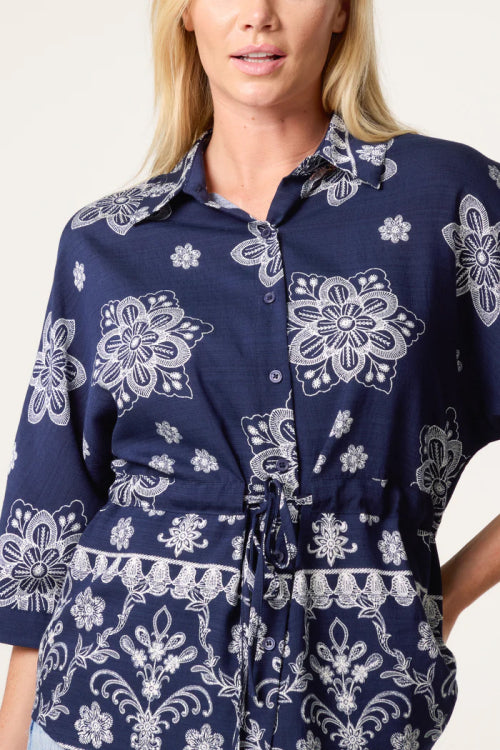 Floral Border Print Cinch Tie Waist Shirt
