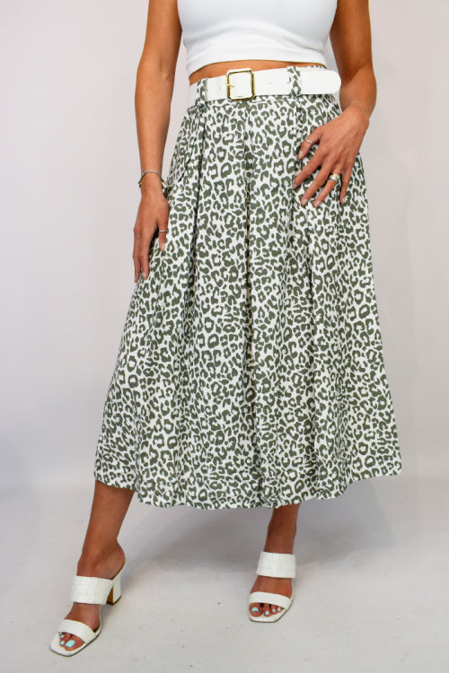 Leopard Print Belted Midi Skirt