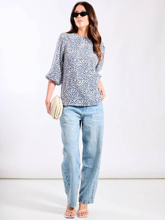 Blue Animal Puff Sleeve Blouse