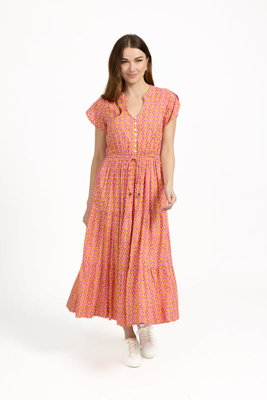 Mudflower
Geometric Print Tie Front Midi Dress. Coral