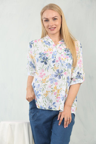 Italian Floral Grandad Blouse White