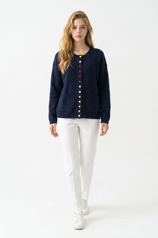 Pocketed Multi colour Button Cardigan Navy