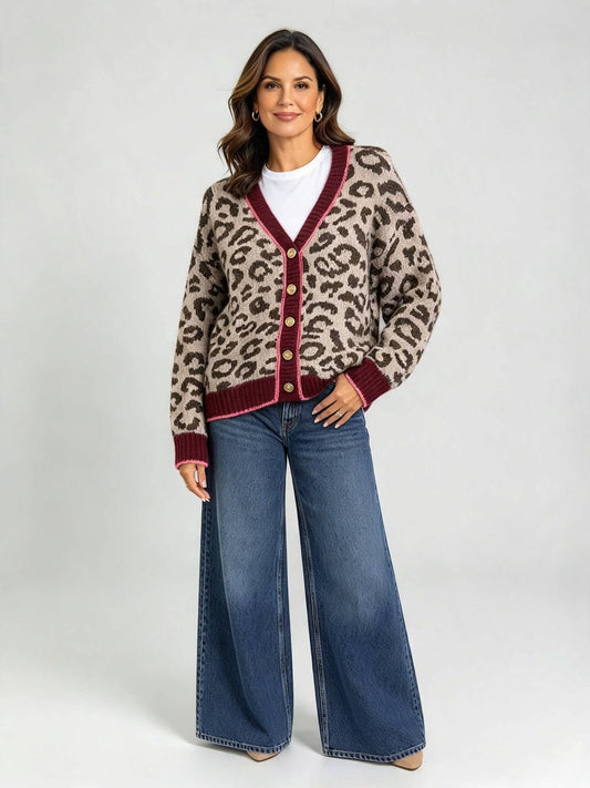 Burgandy Trim Leopard Print Cardigan