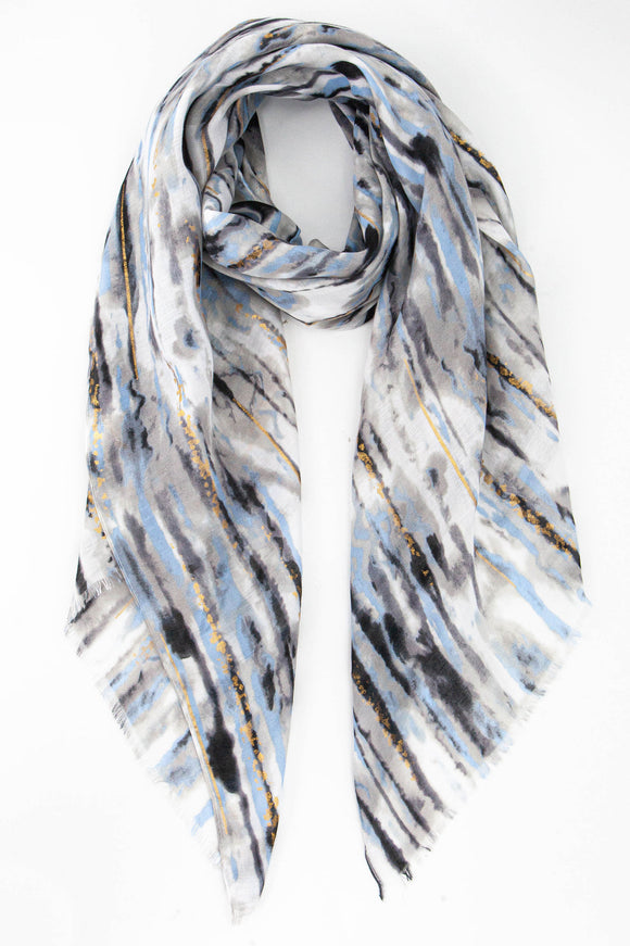 Metallic Gold Foil Abstract Stripe Print Scarf in Grey