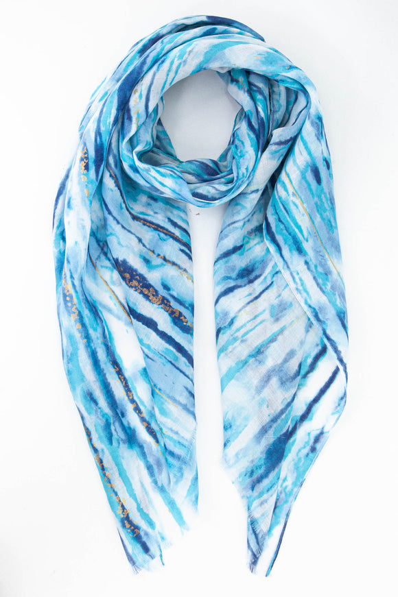 Metallic Gold Foil Abstract Stripe Print Scarf in Blue
