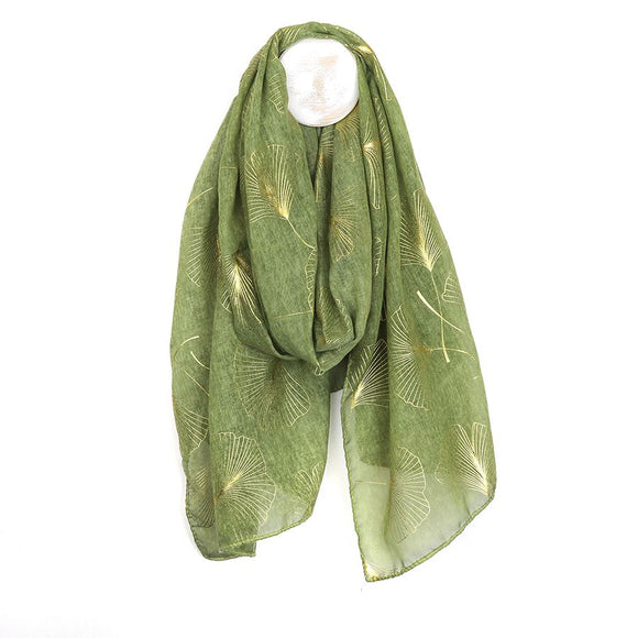 Recycled Green and metallic silver ginkgo print scarf by Pom