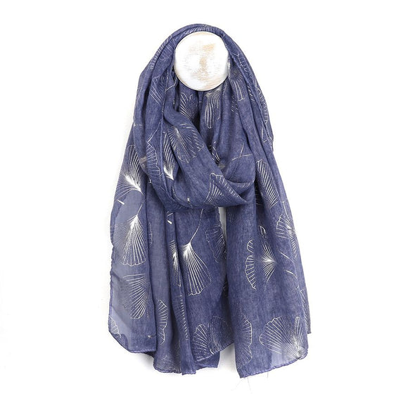Recycled blue and metallic silver ginkgo print scarf by Pom