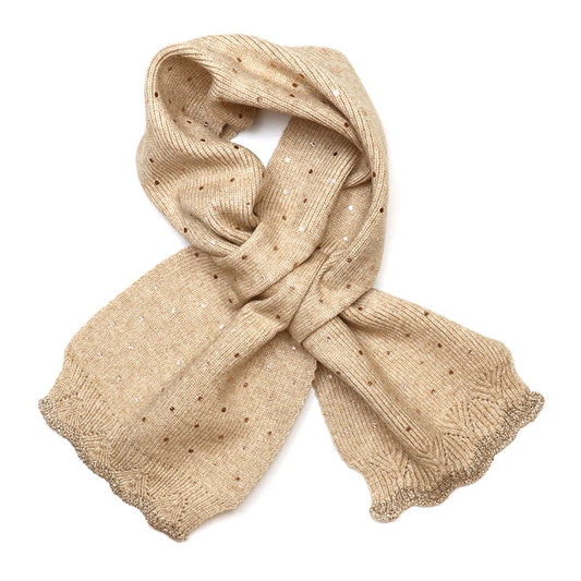 Yasmin champagne metallic spot knit pull through scarf by Pom