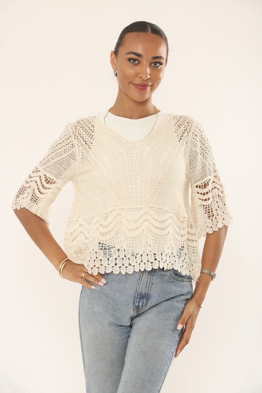 CROCHET TOP WITH SCALLOPED HEM & SLEEVES - CREAM