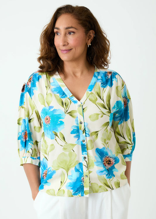 Big Blossom Button Through Blouse Blue