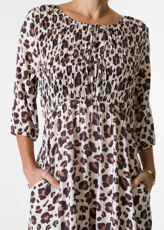 Leopard Smudge Shirred Tie Front Midi Dress Beige
