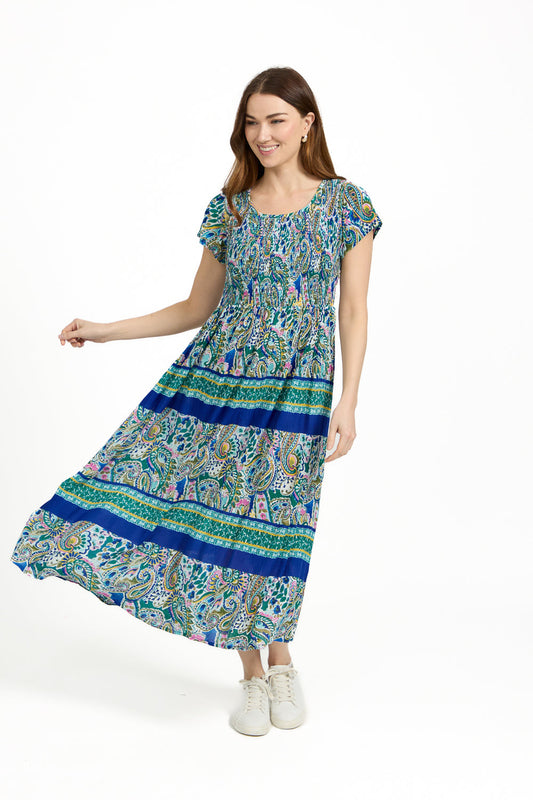 Mudflower Paisley Border Print Shirred Bodice Midi Dress. Green