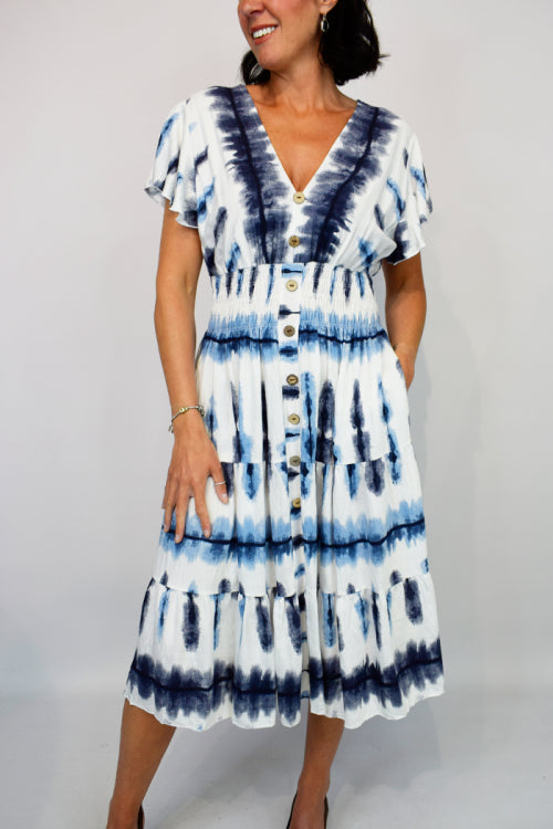 Tie Dye Print V-Front Button Midi Dress