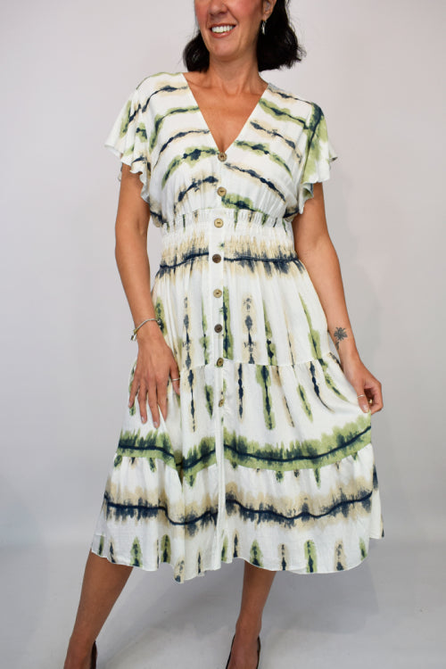 Tie Dye Print V-Front Button Midi Dress
