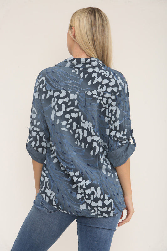 ANIMAL PRINT BUTTON-UP BLOUSE DENIM
