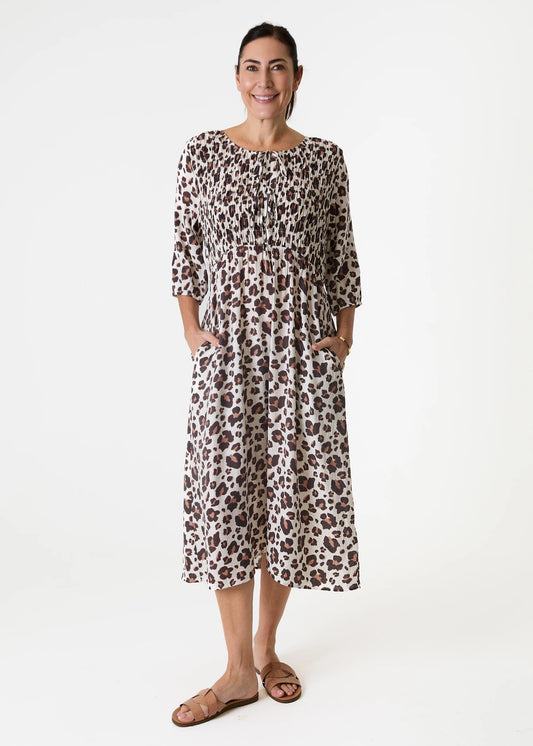 Leopard Smudge Shirred Tie Front Midi Dress Beige