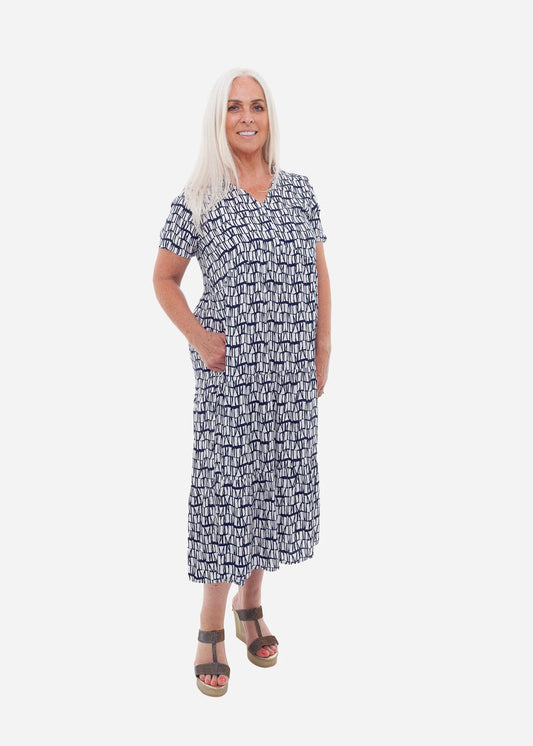 Tonal Wave Tiered Dress Navy