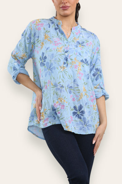 Italian Floral Grandad Blouse Blue