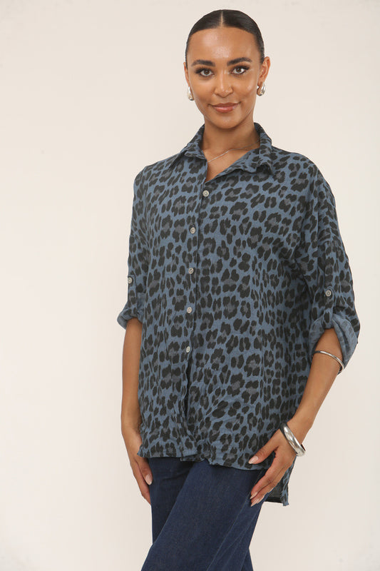 LEOPARD PRINT BUTTON-UP BLOUSE - DENIM