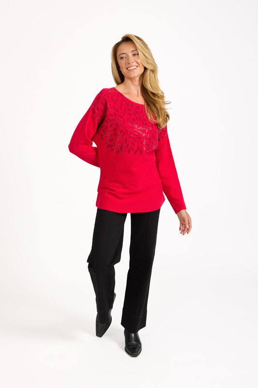 Mudflower Leaf Diamanté Embellished Batwing Jumper